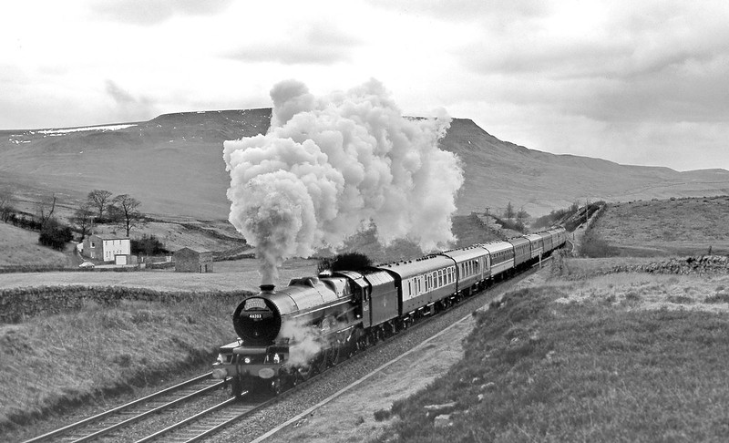 The poor light,an easterly wind and a very mixed rake of stock was an unattractive combination so I looked for a different angle at Ais Gill and was pleasantly surprised the Princess kept working past the summit. However the slide was underexposed and stayed in the reject box until fairly recently when I decided to see what it looked like in mono and I think it has produced an acceptable result.It remains the only shot I have from that spot.Taken 30/3/1996.
Nice to see my trusty Vauxhall Belmont parked by the house !
Copyright David Price
No unauthorised use