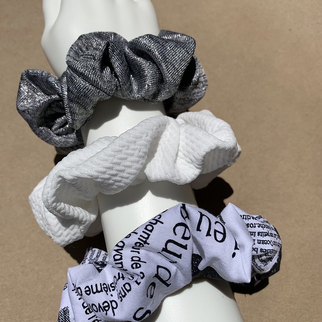 Metallic Gray, Bubble White, Newspaper Scrunchies - Mix & Match - LuxeDessinsCo - Sold On Etsy