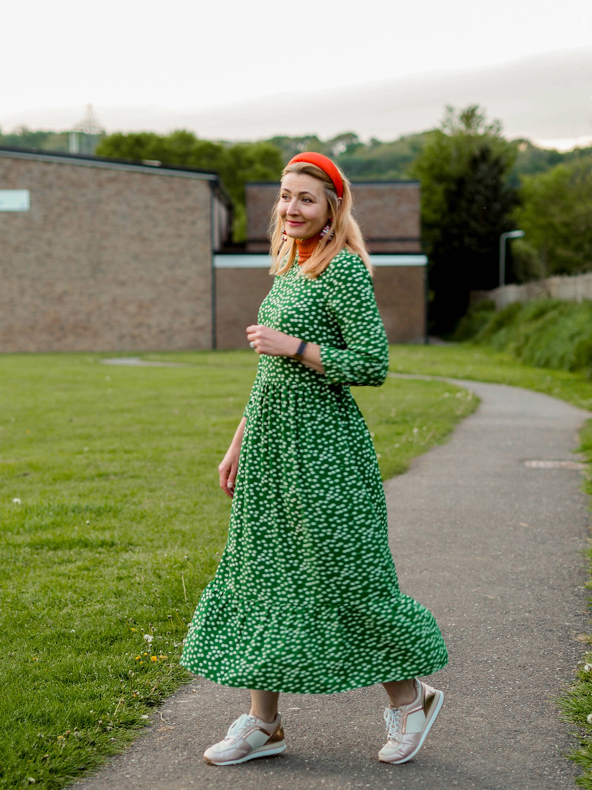 A Maxi Dress With Trainers. A Cliché? Not Sure I Care... (green spotted maxi dress with rose gold trainers) | Not Dressed As Lamb, over 40 style blog