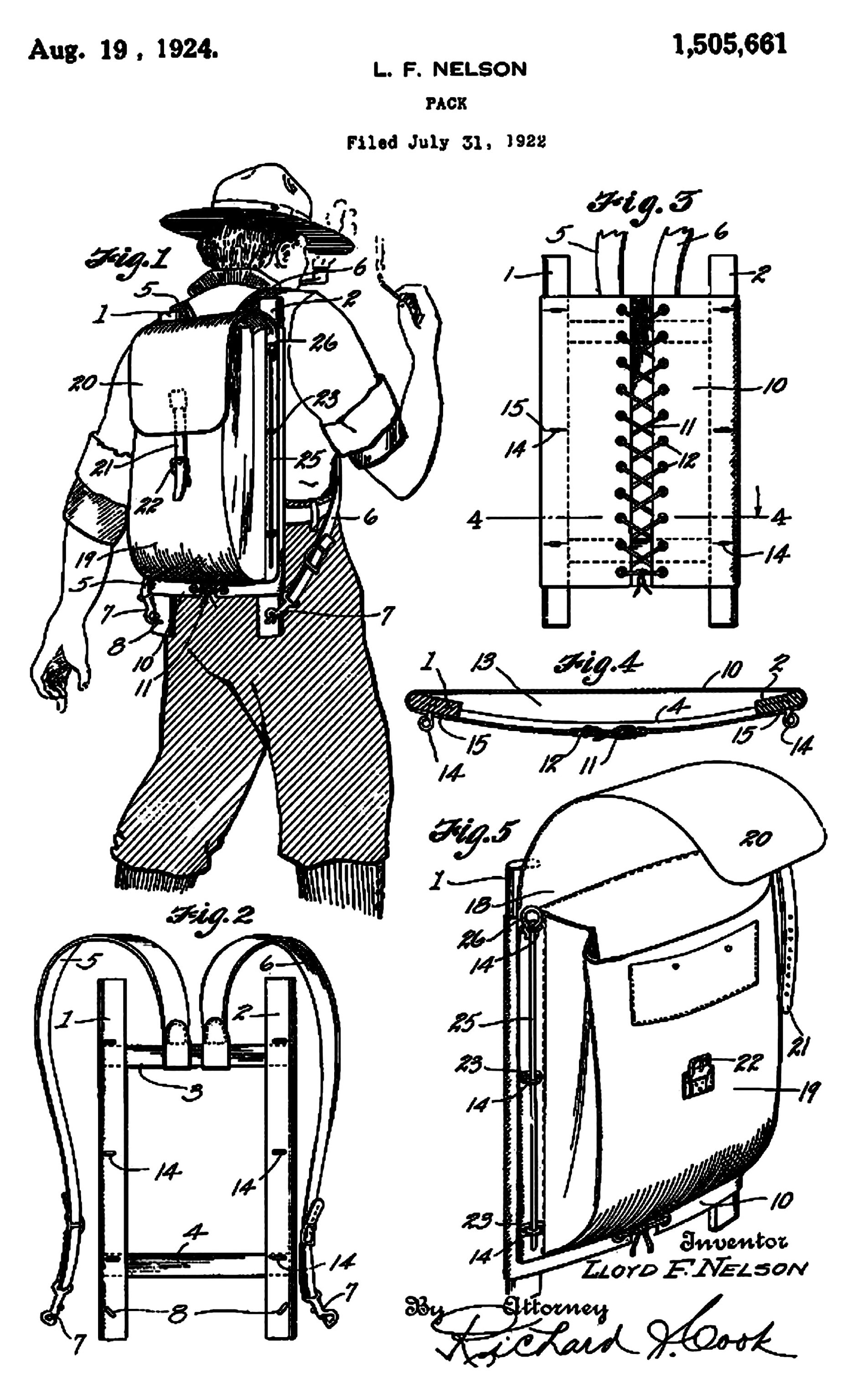 Lloyd F. Nelson patent drawing for Trapper Nelson pack.