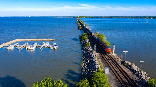 bayview drone flying heritageunit ns ns19m ns8114 nschicagoline sanduskybay aerialphotography bay boat causeway dronephoto heritage lake railroad trains
