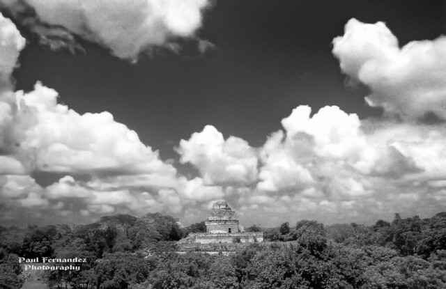 Mayan Astronomical Observatory at Chichen Itza (B&W), Mexico