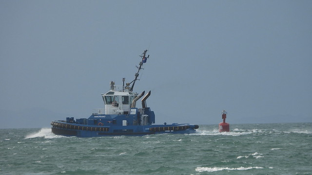 The Tugboat Hauraki in the Rangitoto channel with a 40 knot wind