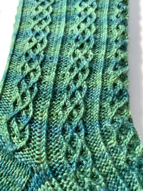 Detail view of twisted stitch pattern and cabling