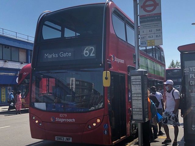 Estate and small town dominated route with a mix of newer and older diesels. | Stagecoach London ADL Enviro 400 on the 62 to Marks Gate.