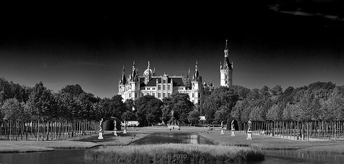 park plant landscape outdoors building blackandwhite sky nature sun tree water architecture schwerin day