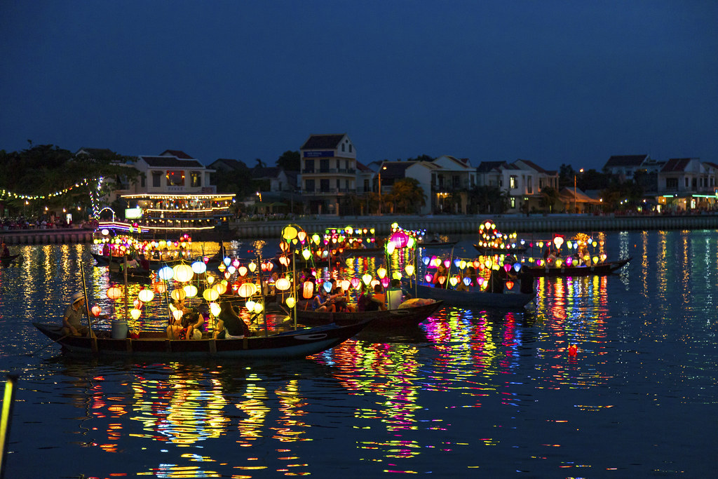 Hoi An Ancient Town riverside view with traditional Boats, Hoi An is recognized as a UNESCO Heritage Site