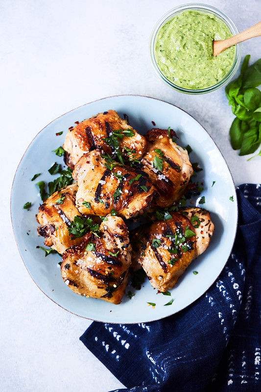 Grilled Marinated Chicken Thighs with California Avocado Basil Pesto