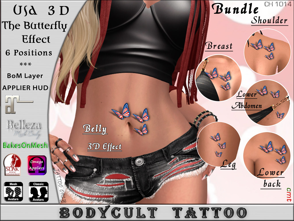 BodyCult Tattoo 6* Locations USA The Butterfly 3D Effect Bundle