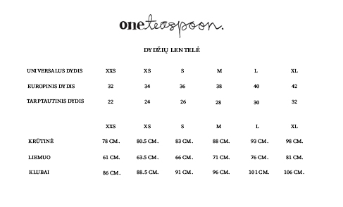 One Teaspoon dydžių lentelė