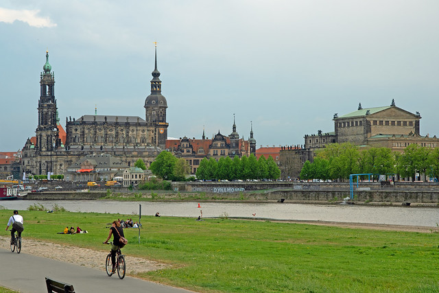 Hofkirche and Semperoper,  from the north bank of the Elbe