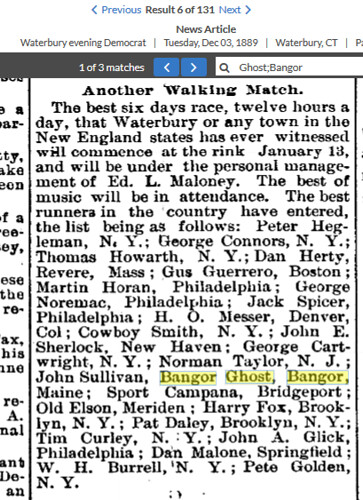 Waterbury CT 3 Dec 1889 Race 6 days
