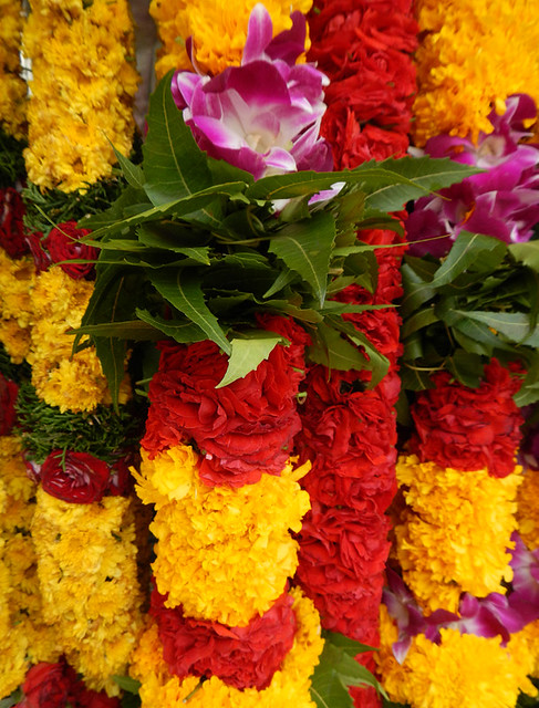 Garlands for sale near the Hindu Temple in Singapore's Little India; this Sri Veeramakaliamman Temple is dedicated to the ferocious goddess Kali