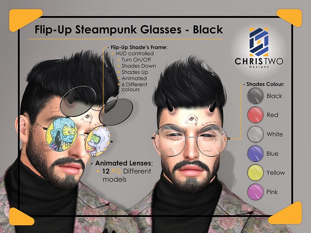 Flip-Up Steampunk Glasses Black - [Chris Two Designs]