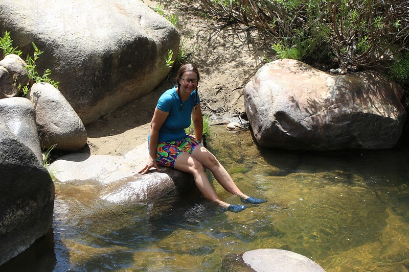 Vicki wore her crocs and cooled her hot feet in the South Fork Kern River - it felt great!