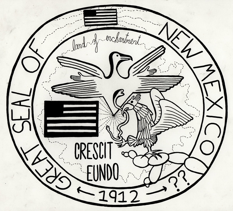 Great Seal of New Mexico, USA — pen and ink drawing by Daniel Ari Friedman. "America has evolved a model for this new free world... America has demonstrated that peoples of the East and peoples of
