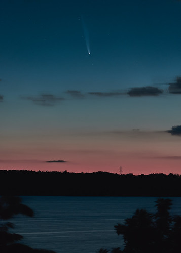 Comet C/2020 F3 NEOWISE Rising over Brookville Lake by jimvajda, The comet and its tail were perfectly visible with the naked eye, despite a bright moon. The sight w