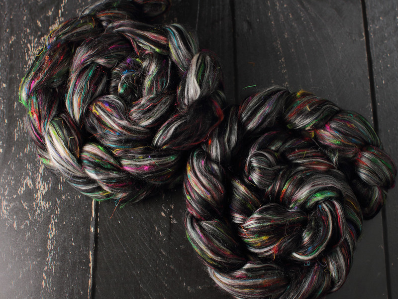 Karma Blend Bamboo, Recycled Sari Silk and Mint eco friendly combed top/roving spinning fibre 100g – ‘Hidden Gems’