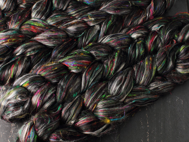 145g Karma Blend Bamboo, Recycled Sari Silk and Mint eco friendly combed top/roving spinning fibre – ‘Hidden Gems’