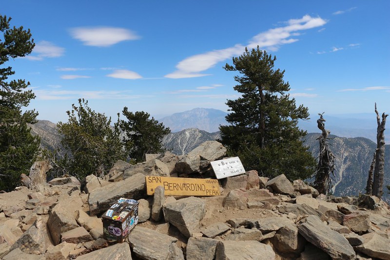 The San Bernardino Peak Summit register and elevation markers