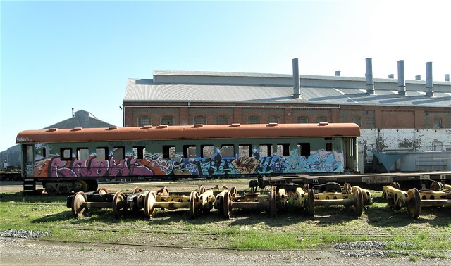 Islington Railway Yards carriage and rolling stock with the original Fabrication Workshops in the background, South Australia