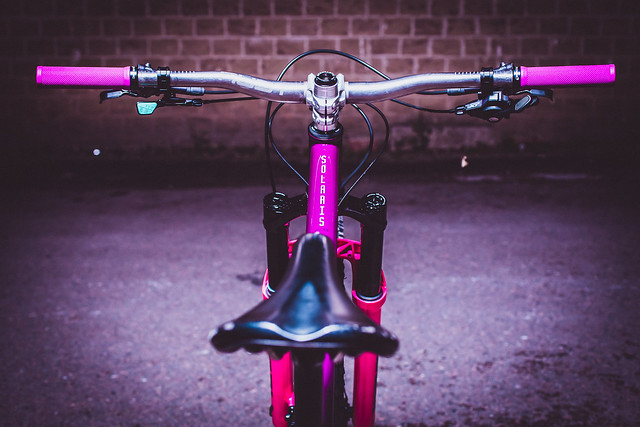 Sam Capper's custom purple and pink Cotic SolarisMAX steel hardtail bike