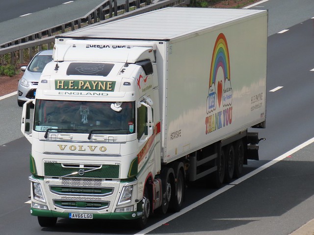 H E Payne, Volvo FH (AV65LGO) Thank You Key Workers Trailer. On The A1M Southbound