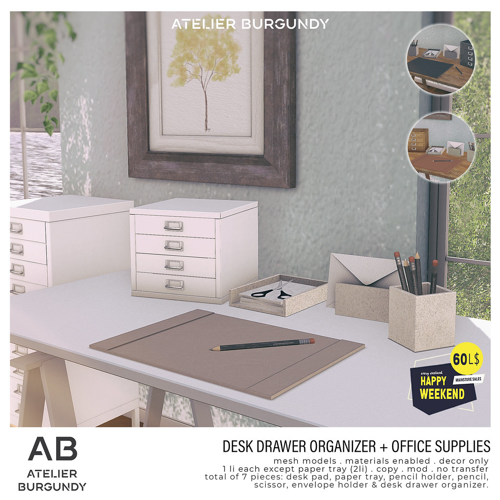 Atelier Burgundy . Desk Drawer w/ Office Supplies