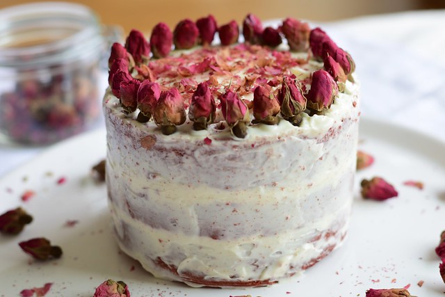 Red velvet layer cake with rose infused cream cheese frosting