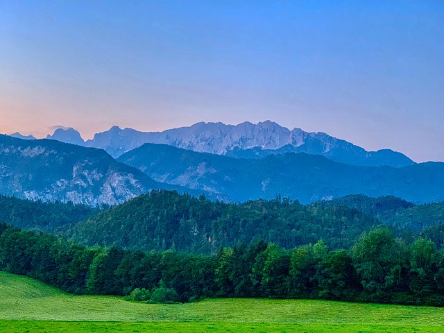 Mountain landscape at dawn seen from Breitenau near Kiefersfelden, Bavaria, Germany
