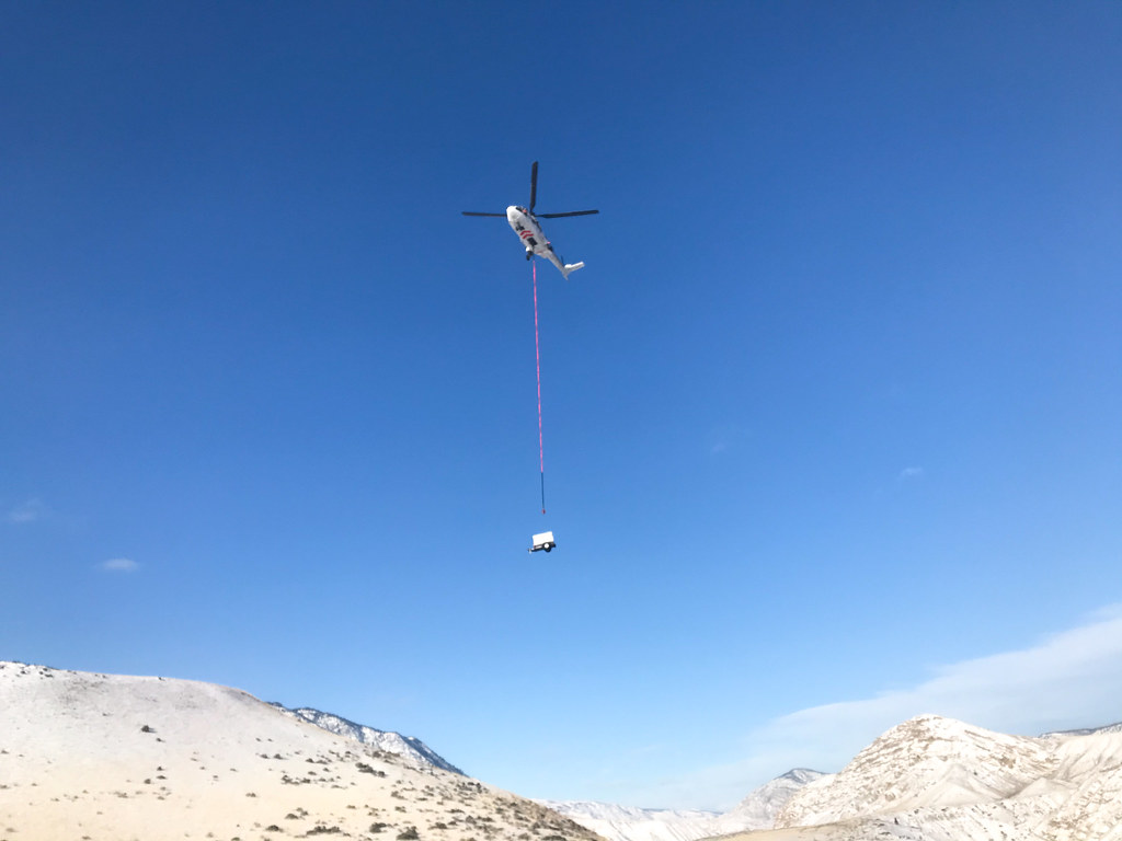 Heavy-lift helicopter transports material at Big Bar landslide site