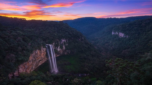 canela riograndedosul brazil sunset dusk waterfall forest clouds valley canyon stone wall landscape water river rainforest bluehour nature
