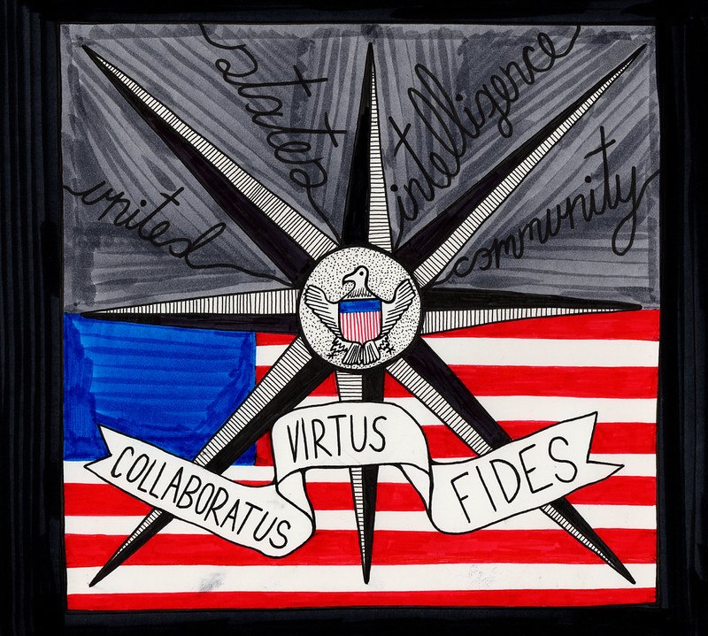 United States Intelligence Community — pen and ink drawing by Daniel Ari Friedman. Collaboratus Virtus Fides "The greatest thing by far is to have a command of metaphor. This alone cannot be imparted by
