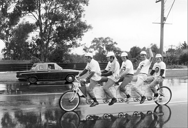 Waverley Jaycess riding a quint tandem bicycle, Waverley Road near Forster Road and Mount Pleasant Drive corner, date unknown