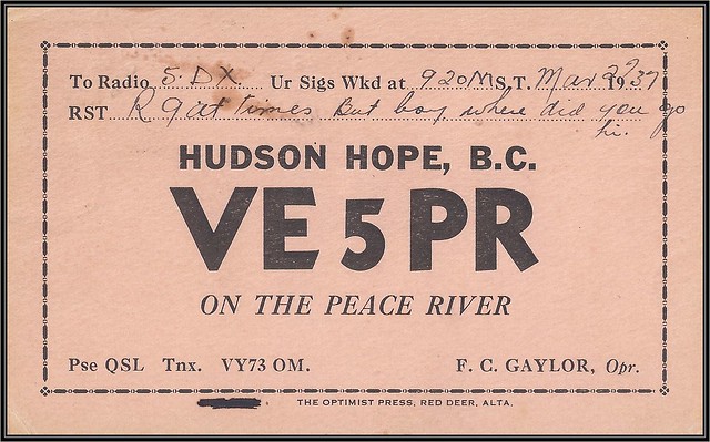 Vintage Ham Radio QSL Postcard  - 30 March 1937 - (VE-5PR) HUDSON HOPE, B.C. (split ring / broken circle cancel / postmark) to (VE-5DX) Prince Rupert, British Columbia, Canada (front)