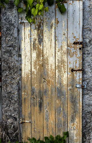 door rustic rust hinge wood keepout locks leaves planks worn peeling