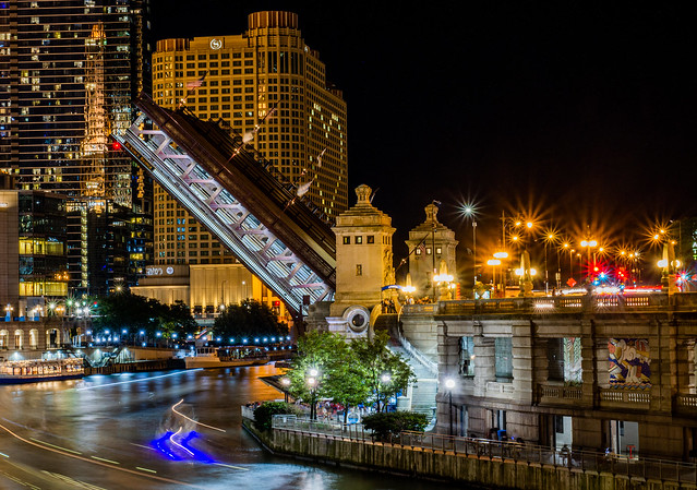 DuSable Bridge (Michigan Avenue) Raised at Night along Chicago River