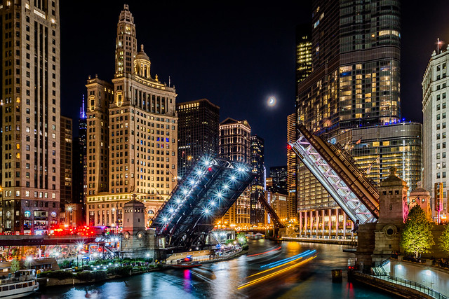 DuSable Bridge (Michigan Avenue) Raised at Night along Chicago River with Crescent Moon