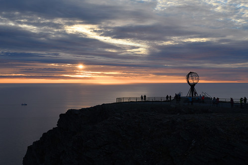 nordkapp norway sunset sunrise midnightsun sea water rock globe europe north
