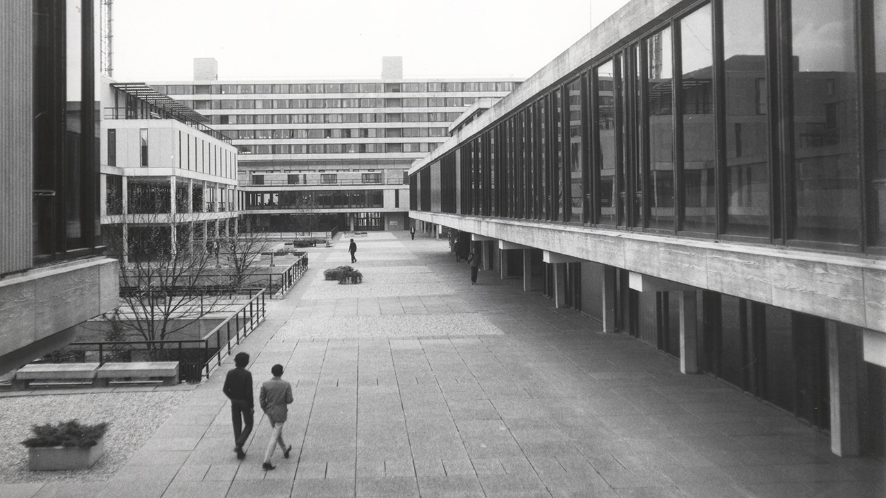 Black and white photo of campus in the 1970s