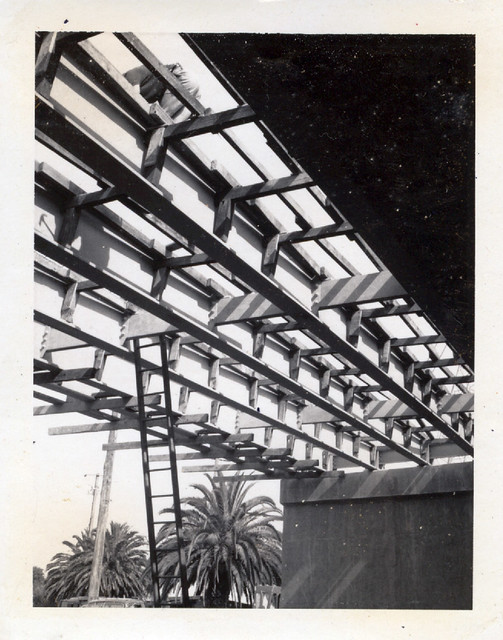 Warrigal Road, Oakleigh, looking up at railway overpass bridge under construction,  1 March 1968