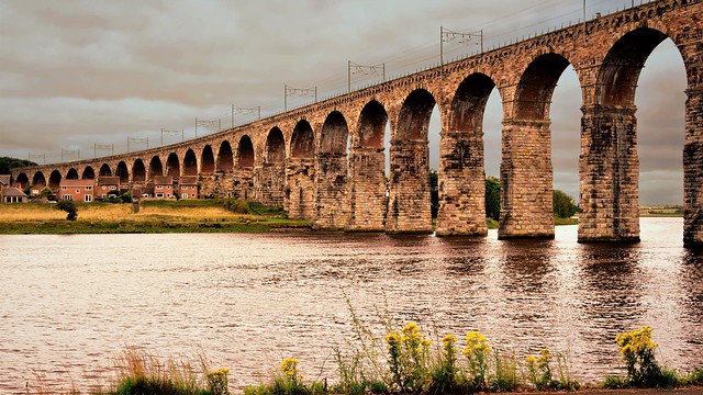 Designed by Robert Stephenson, the Royal Border Bridge spans the River Tweed and is now grade 1 listed. It's about 700 yards long and sites 120 feet above the river level, Berwick upon Tweed. Northumberland.