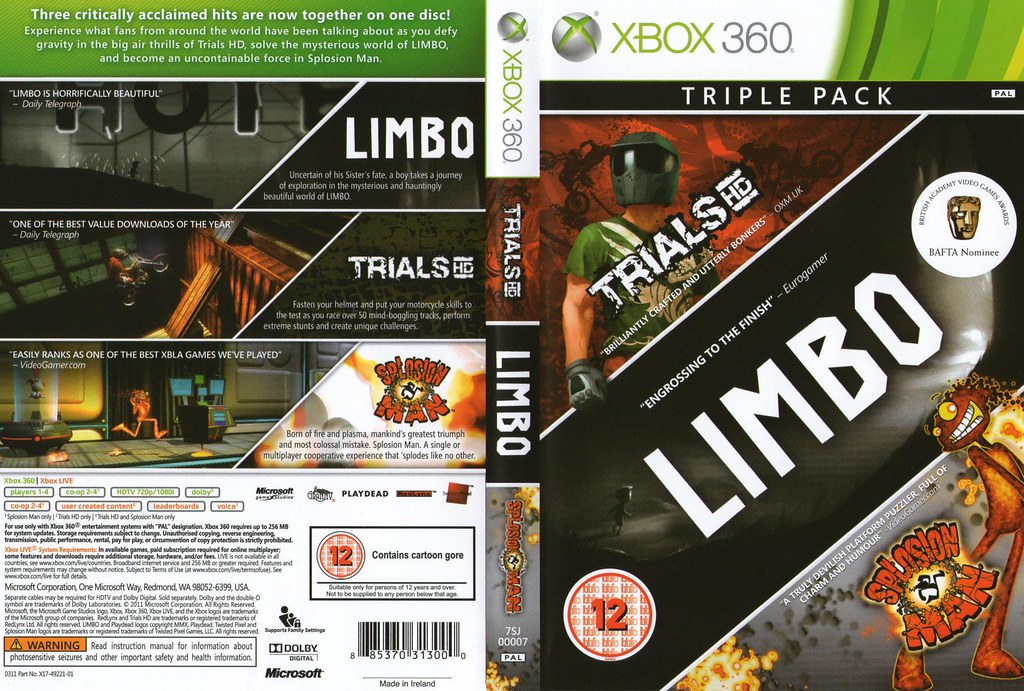 Игры 360 live. Limbo Xbox 360. Limbo обложка Xbox 360. Splosion man Xbox 360. Trials Xbox 360.