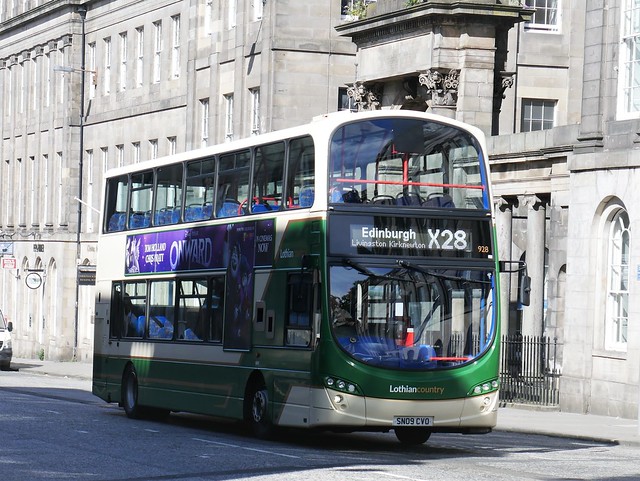 Lothian Country Buses Volvo B9TL Wright Eclipse Gemini 2 SN09CVO 928, formerly Lothian 928, operating service X28 to Edinburgh at Waterloo Place, Edinburgh, on 3 August 20208.