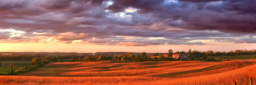 sunset shadows clouds moraine pasture farms barns landscape panorama amulree perthcounty ontario canada