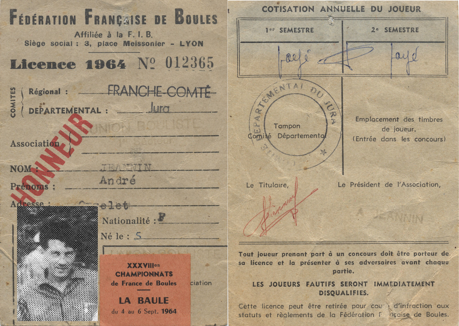 Licence de la Fédération Française de Boules d'André Jeannin en 1964