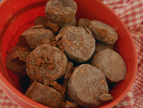 Rounds of chocolate waiting to be pulverized in a grinder in Puerto Escondido, Mexico