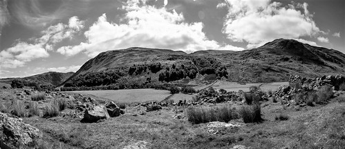 highlandclearancevillage smaglen auchnafree river almond perthshire mono bw sky clouds pano landscape hills moorland heather