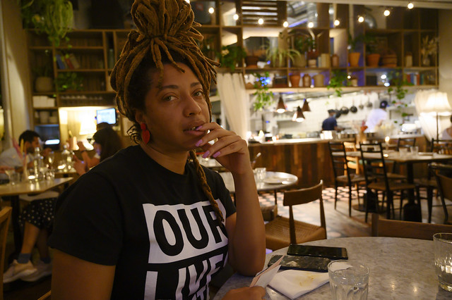 DSC_3151 Alesha from Jamaica out on the Town in Our Lives Matter Black Tee Shirt at Pachamama  inspired by Peruvian cuisine A Restaurant Shoreditch London Great Eastern Street