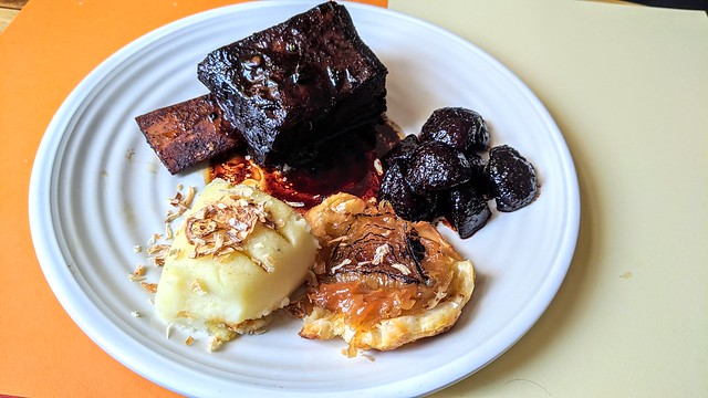 24 Hour Braised Short Rib with Onion Tart, Baked Beets and Potato Mash